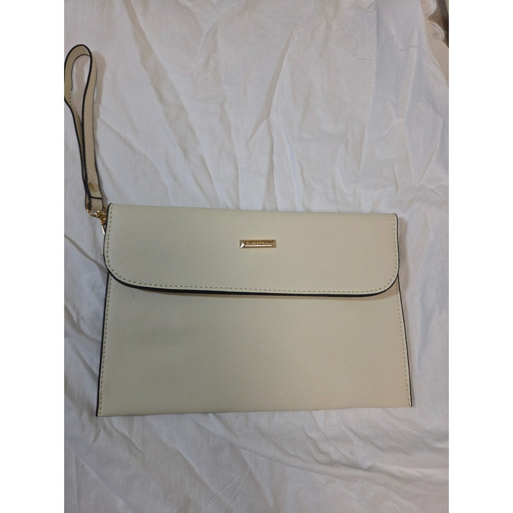 Elim & Paul Cream Textured Wristlet Clutch Bag‎ Gold Hardware Off White